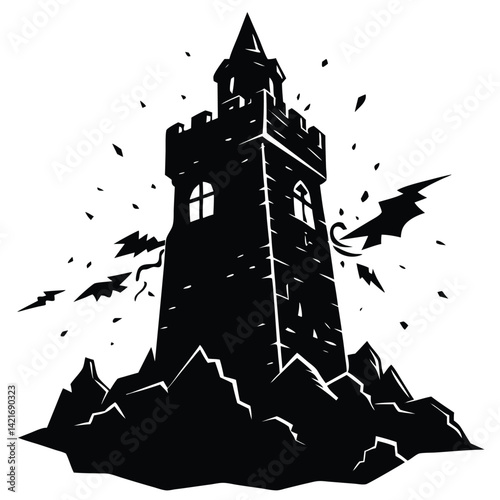 Dark Tower Illustration: Silhouette of Gothic Castle with Bats, Fantasy Fortress Vector Art, Black and White Medieval Architecture