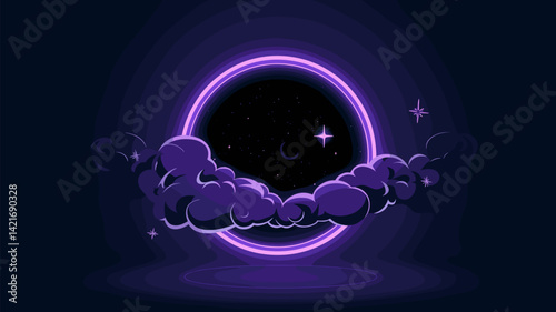 A digital illustration depicting a mystical cosmic portal framed by soft clouds and twinkling stars. The vibrant purple hues create a captivating and otherworldly atmosphere, perfect for fan...