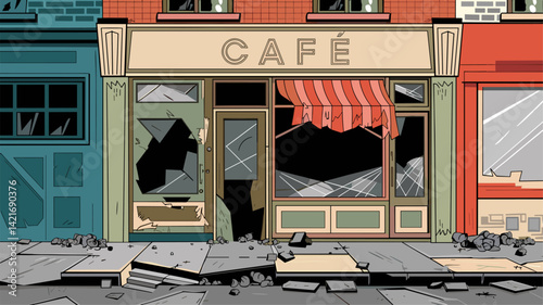 This vector image portrays a damaged café facade featuring broken windows, a torn awning, and debris scattered on the sidewalk. Ideal for themes of urban decay or disaster.
