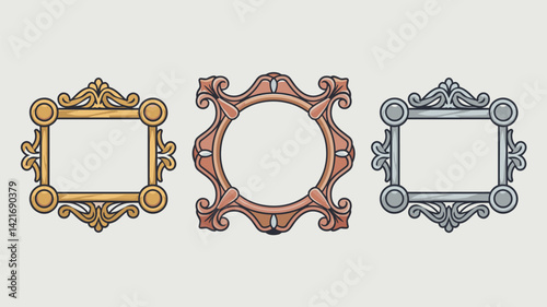 A collection of three ornate decorative frames in gold, bronze, and silver. Ideal for vintage and classic styling, perfect for displaying artwork or photographs.