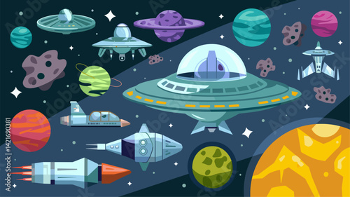 A vibrant vector illustration depicting a lively space scene filled with UFOs, rockets, planets, and asteroids set against a dark starry background. Perfect for sci-fi themes.