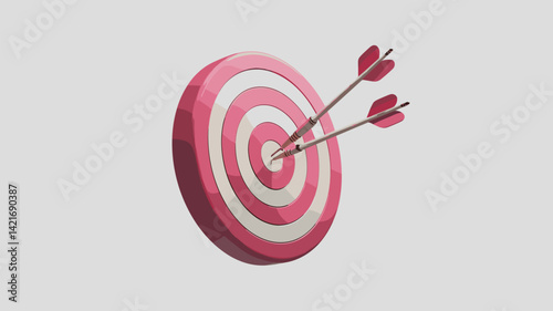 A vibrant 3D illustration of a target with two arrows striking the center, symbolizing goals, success, and achievement. Ideal for marketing and motivation themes.