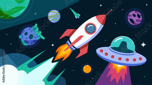 A vibrant vector illustration featuring a retro rocket launching through space. Surrounded by planets, asteroids, and UFOs, this design captures the essence of cosmic adventure and explorati...
