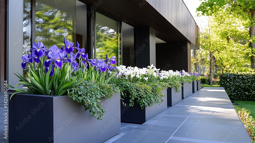 Fototapeta premium Modern home exterior with irises and lilies in planters