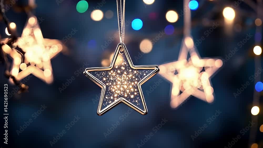 Close Up Of Glowing Decorative Star-Shaped Ornaments Against A Dark Blue Bokeh Background