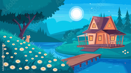 A peaceful vector scene featuring a cozy house illuminated by moonlight, with a cat sitting near daisies by a river. Ideal for nature and home illustrations.