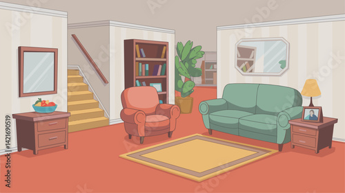 Charming living room interior featuring a green sofa, orange armchair, bookshelves, and a staircase. Ideal for home decor projects.