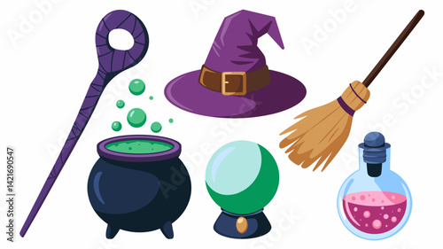 A whimsical collection of magical items including a potion cauldron, witch hat, magic wand, crystal ball, and broomstick. Ideal for Halloween themes or fantasy illustrations.