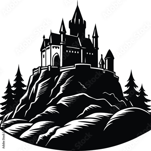Black and White Castle on Hill Illustration: Gothic Architecture, Fortress, Fantasy Landscape, Vector Graphic, Medieval Design
