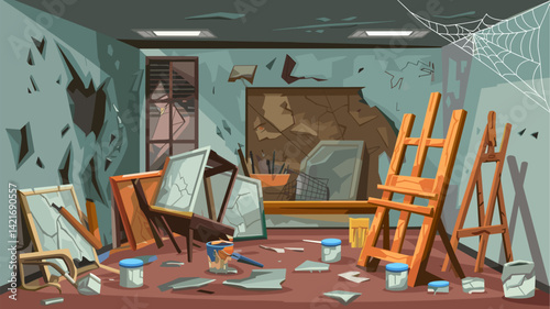 An abandoned art studio featuring broken picture frames, paint cans, and a spider web. The scene evokes a sense of neglect and forgotten creativity, with peeling walls and scattered art supp...