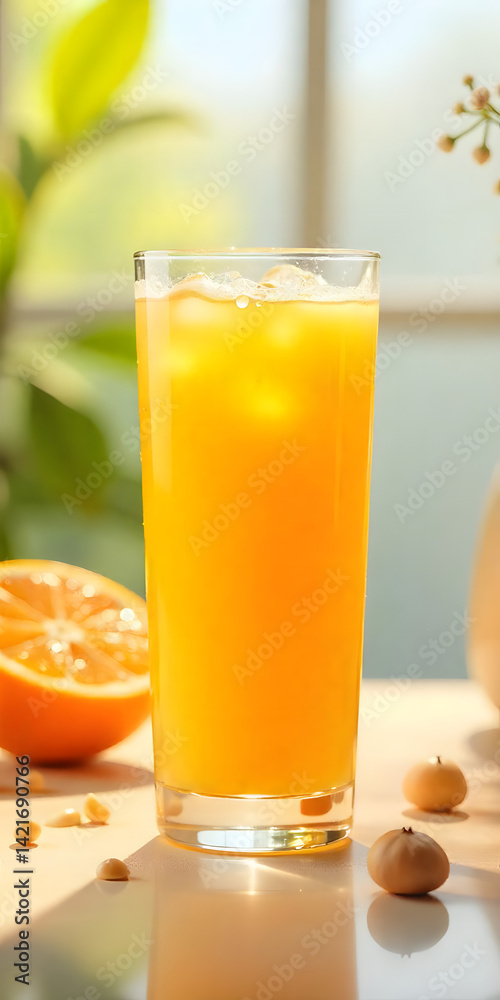 Fototapeta premium Fresh Orange Juice with Sliced Oranges on Wooden Table in Sunny Light