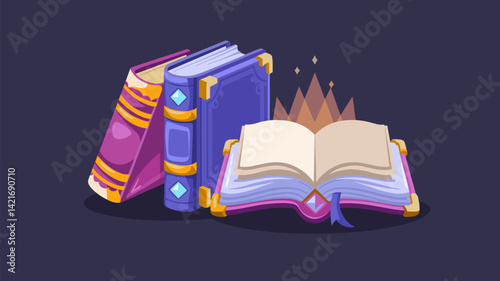 A vibrant vector graphic featuring a stack of ornate closed books and an open book with glowing effects. Ideal for educational and literary themes.