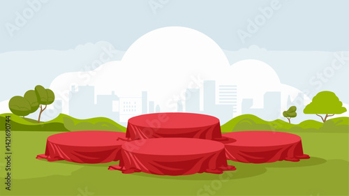 A colorful vector illustration featuring four round tables draped with red tablecloths set against a backdrop of a city skyline and lush green hills. Perfect for event planning themes.