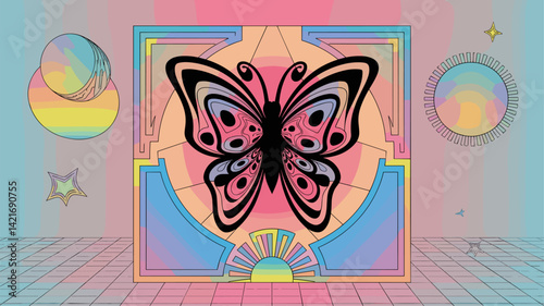 A modern vector illustration featuring a large, stylized butterfly at the center, surrounded by pastel geometric shapes. This artwork blends vibrant colors with abstract design elements, ide...
