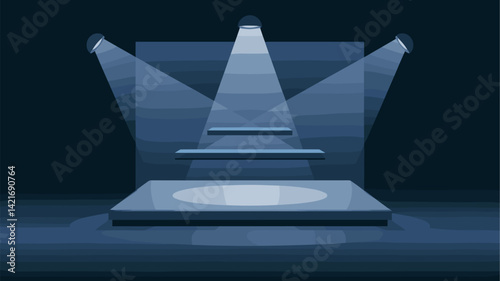 A sleek, minimalist stage design featuring multiple spotlight beams. Ideal for creative presentations, exhibitions, or performances, showcasing a modern aesthetic.