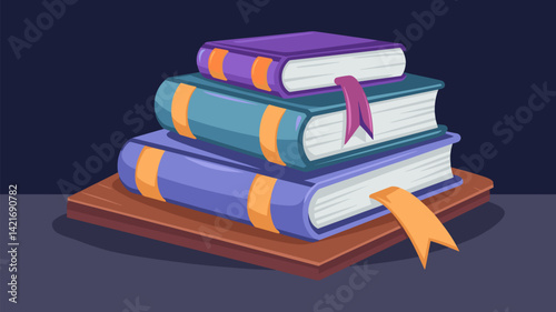 A vibrant vector illustration of a stack of three colorful books with bookmarks, resting on a wooden base. Ideal for educational or literary themes.