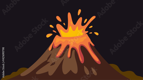 A vibrant vector design of a volcano erupting with bright lava and ash against a dark background. Perfect for educational or illustrative purposes.