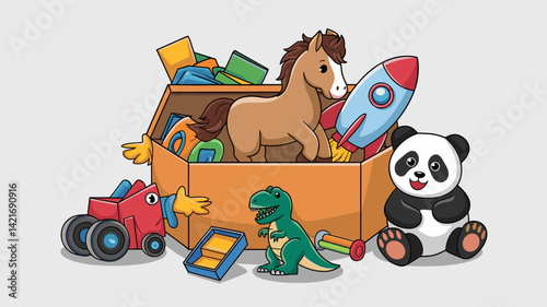 A vibrant illustration of a toy box overflowing with playful items such as a horse, dinosaur, rocket, and panda. Perfect for children's themes and educational content.