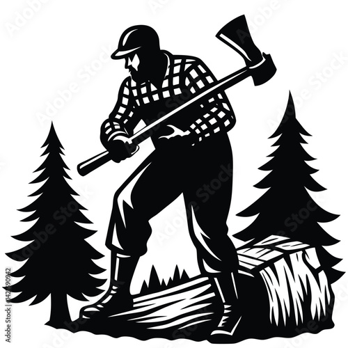 Lumberjack Silhouette with Axe: Vintage Woodcutter in Plaid Shirt, Forest Scene, Black and White