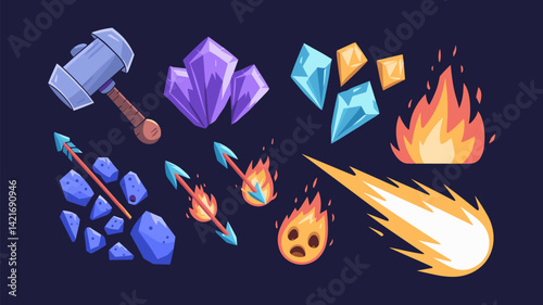 A vibrant vector illustration featuring a collection of fantasy game assets like hammers, gems, fire elements, and arrows, perfect for video game design.