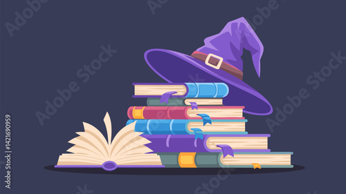 A whimsical vector illustration featuring a stack of colorful books topped with a purple witch hat. Perfect for fantasy themes and creative projects.