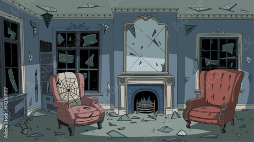 An eerie illustration of a deserted living room featuring broken mirrors, shattered windows, and cobweb-covered furniture. Perfect for horror themes.