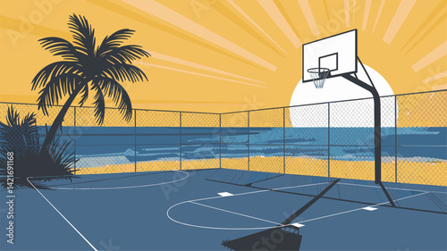 A serene illustration of a basketball court set against a vibrant sunset by the beach. Palm trees and waves enhance the tropical ambiance, perfect for sports or travel themes.