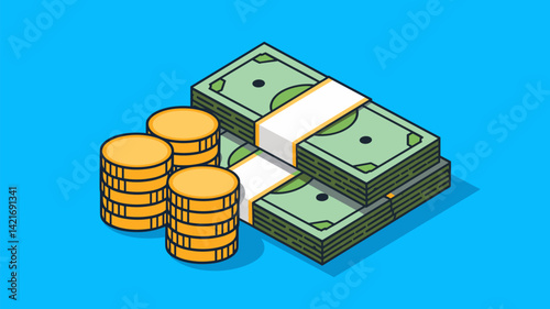 This vector image features stacks of cash and golden coins arranged attractively against a bright blue background. Perfect for finance and savings concepts.