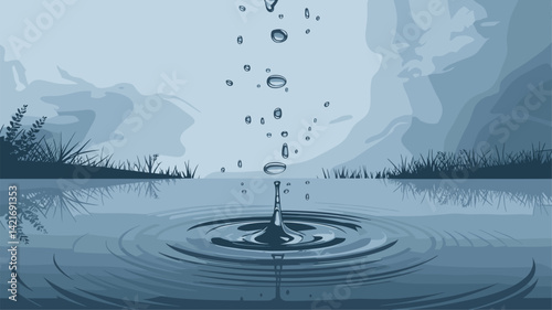 A vector image featuring serene water ripples and falling droplets, set against a tranquil landscape with stylized grass and subtle mountain silhouettes. Perfect for nature themes.
