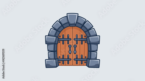 A charming vector illustration of a medieval castle door featuring a stone archway and wooden planks. Ideal for games, fantasy themes, or medieval projects.