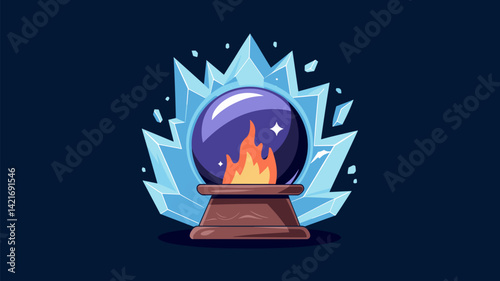 A vibrant vector illustration featuring a magical crystal ball with flames at its base, surrounded by jagged ice shards. Ideal for fantasy and mystical themes.