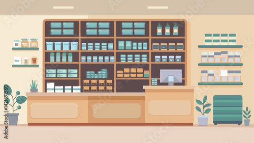 A modern and minimalistic interior view of a herbal shop showcasing neatly arranged products on shelves. Features include an elegant counter, green decorations, and an organized layout.