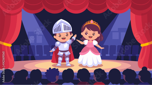 A vibrant illustration of a knight and princess performing on stage in a theater. Perfect for children's books, educational materials, and family-related designs.