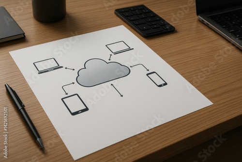Diagram of cloud computing and device synchronization on a desk. photo