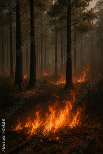 Forest wildfire spreading across dry ground at dusk. photo