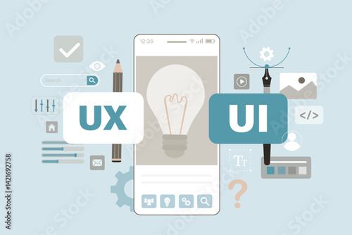 Light bulb on smartphone screen. Searching new ideas in app development and ui ux design. Designing interface for apps. Mobile applications customization and optimization.