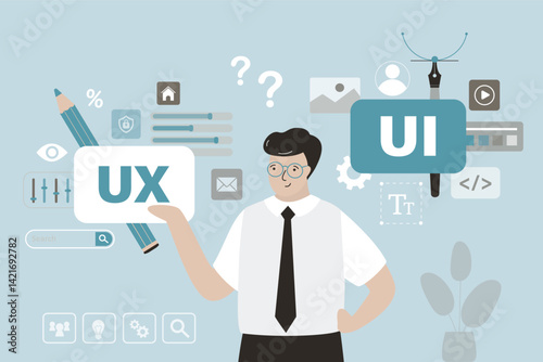 Smart man is engaged in creation of mobile app. Male character designer at work, ui and ux development. User experience, web interface design. Creating digital graphic layout,