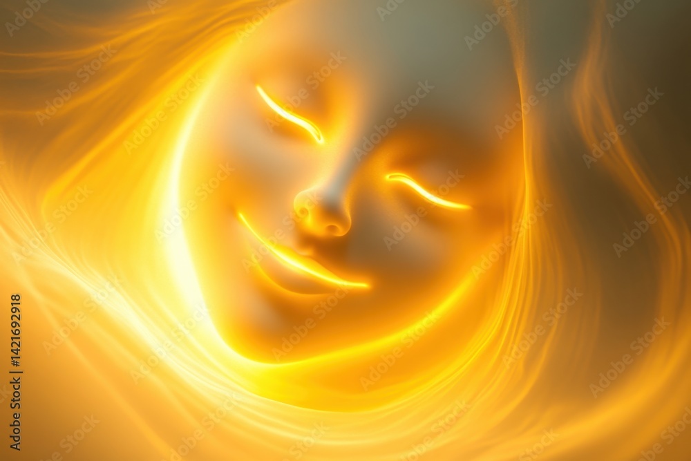 Bright sun face smiling softly with warm golden glow in serene abstract art Bright sun face smiling softly with warm golden glow in serene abstract art
