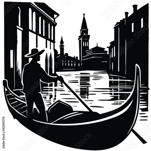 Venice Gondola Ride Black and White Illustration: Gondolier, Canal, Architecture, Italian Travel, Vector Art, Silhouette, Cityscape