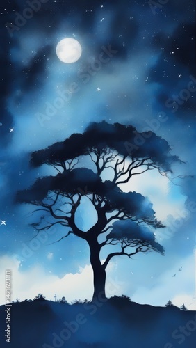 Aesthetic Night Sky with Huge Tree – Minimal Watercolor Wallpaper