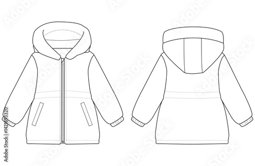 Baby girl Hooded Puffer Coat vector illustration Front and back views 