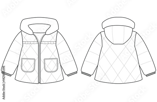 Baby girl Hooded Puffer Coat vector illustration Front and back views 