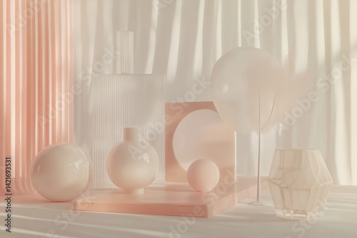 Soft pastel aesthetic arrangement with minimalistic shapes and textures in natural light
