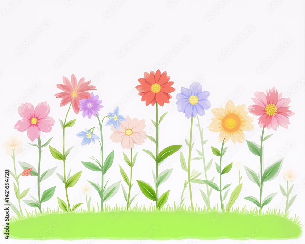 Fototapeta premium A vibrant anime illustration of a neat row of different stylized flowers in various bright colors interspersed with simple green grass blades, arranged horizontally against a clean white background. E