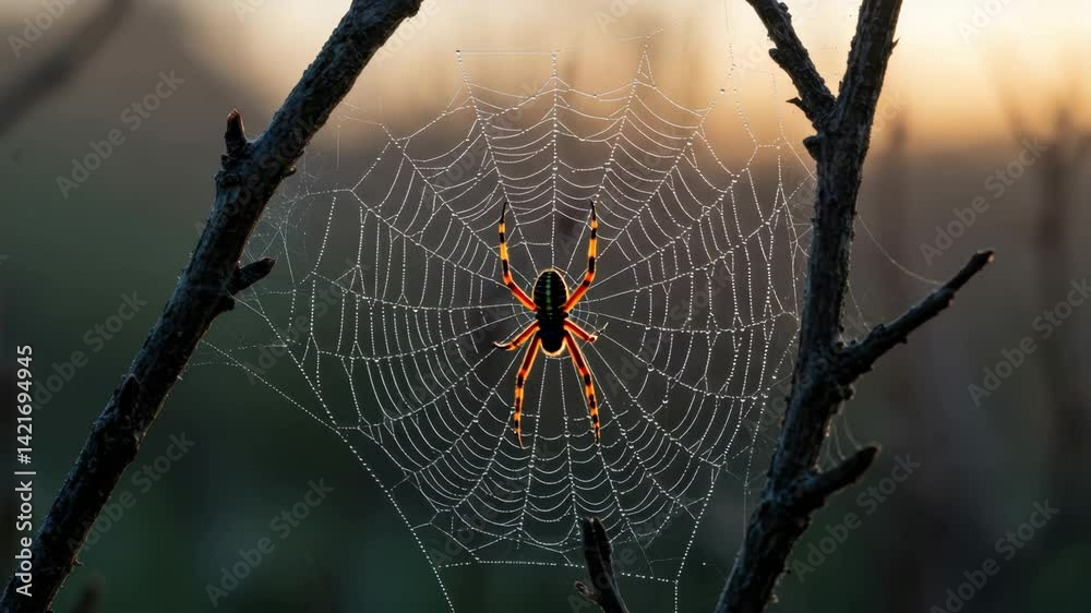 A large spider jumps onto a web stretched between two branches
