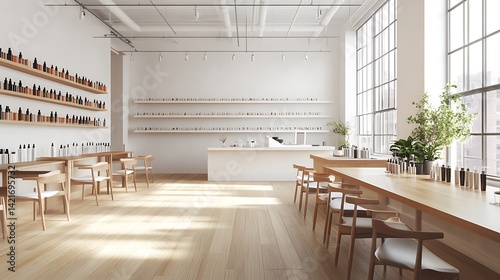 Modern minimalist beauty shop interior design with wooden furniture