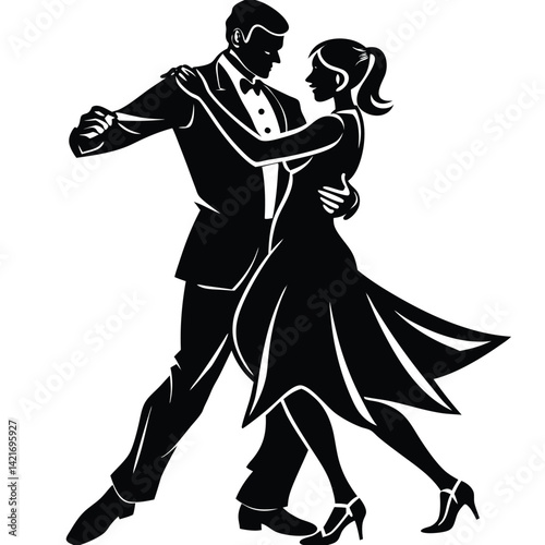 Elegant Tango Dancers Silhouette in Black and White, Romantic Dance Pose, Ballroom Style