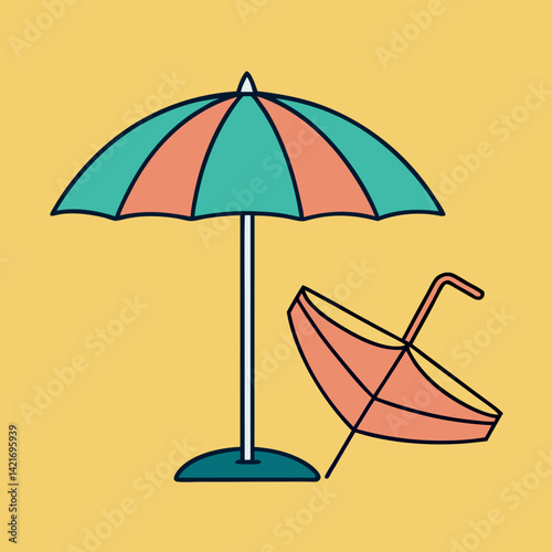 Retro summer beach umbrellas with turquoise and coral on a golden background