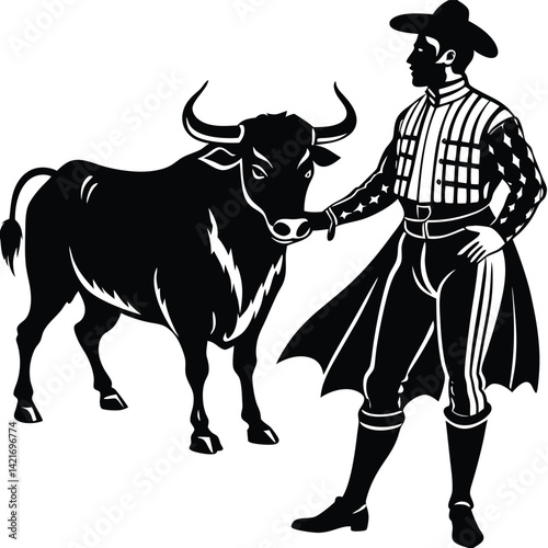 Bullfighting Silhouette Vector: Matador with Bull Illustration, Spanish Tradition, Black and White Clip Art, Bullfight Design Element