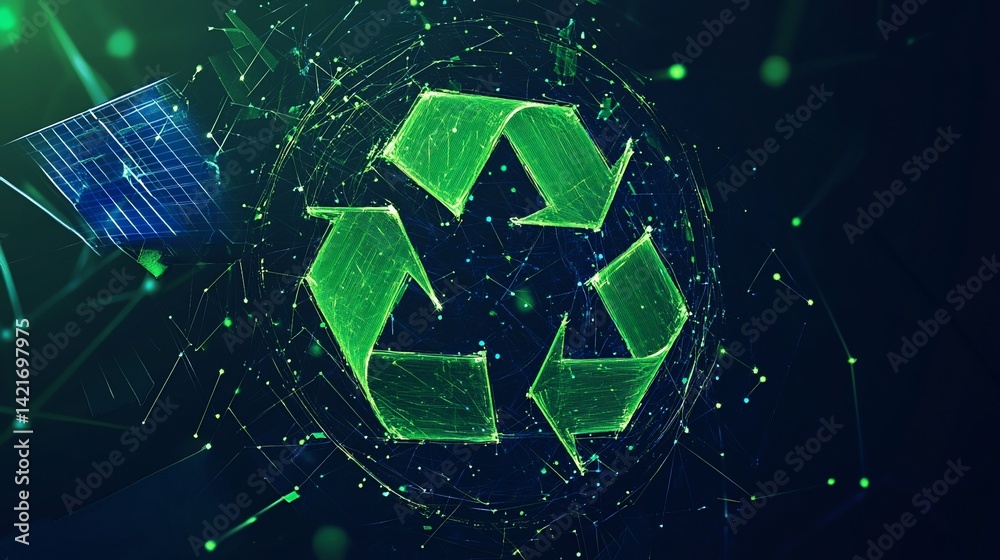 Obraz premium Futuristic Digital Green Recycle Logo on Dark Background Innovation
